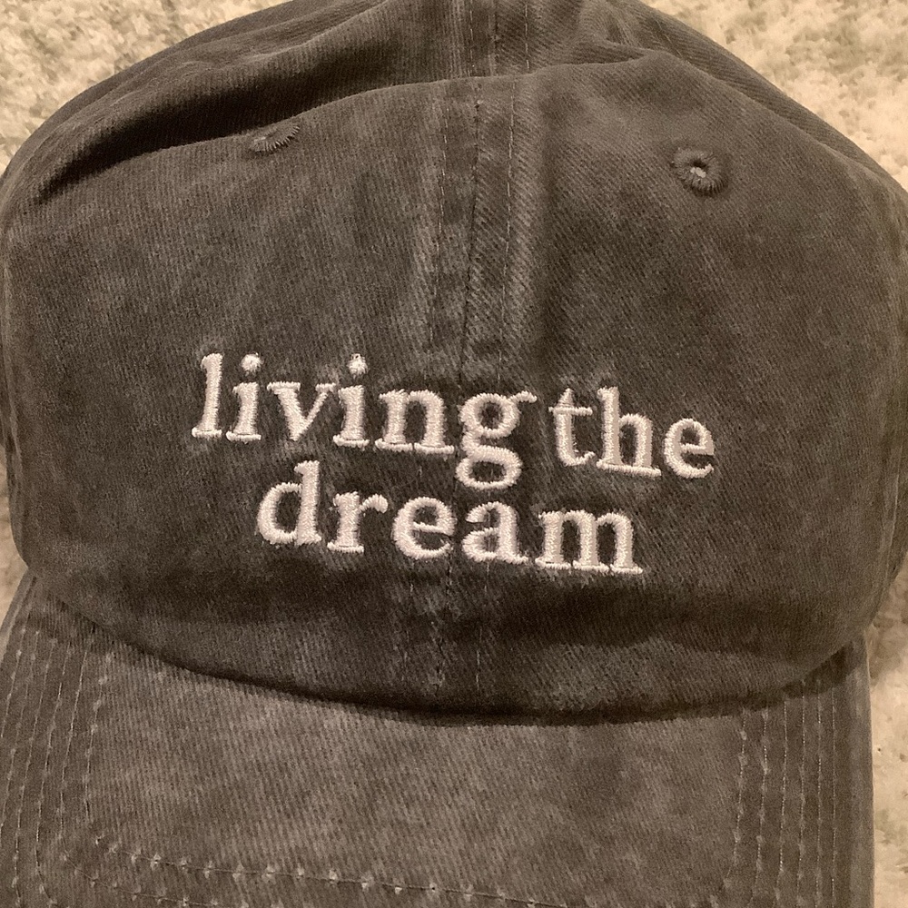 Black Stonewashed Distressed  'Living the Dream' Baseball Cap NWT Cotton - Picture 2 of 16